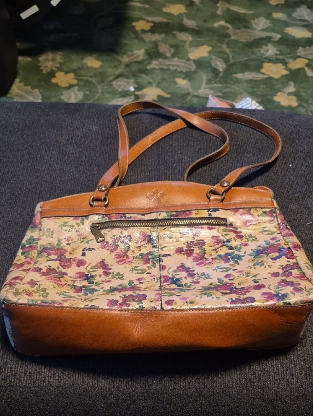 Floral Print Brown Leather-Trim Tote Bag - Picture 2 of 7